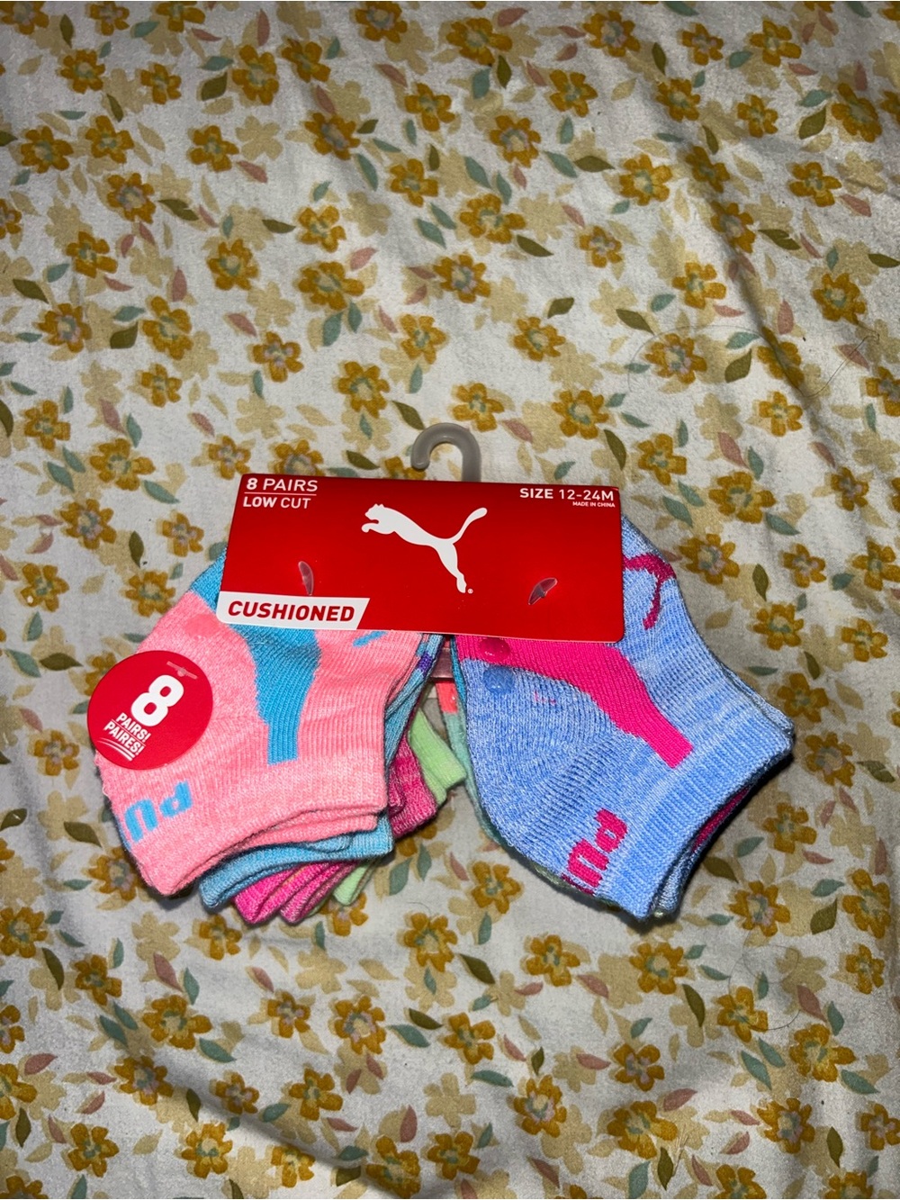 Puma Low-Cut Cushioned Socks - Pink, Blue, Green Mix (8 Pairs)